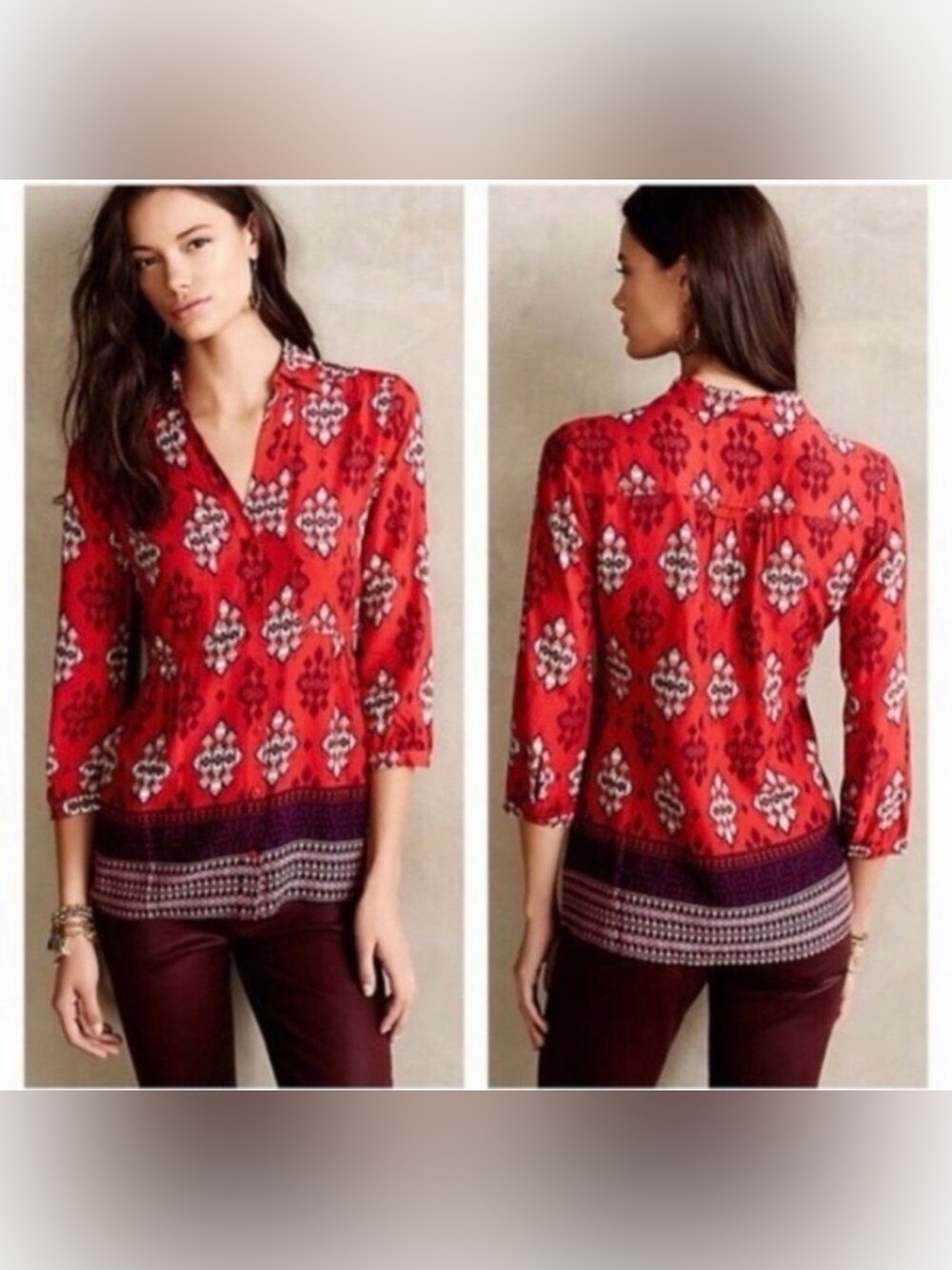 Anthropologie Maeve Woodland Walk Blouse Top Ikat Red Size 4